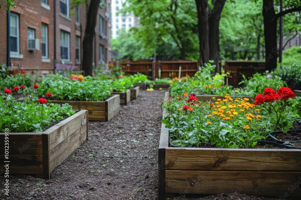 A view of a community garden with raised wooden beds filled with flowers and vegetables. A view of a community garden with raised wooden beds filled with flowers and vegetables.