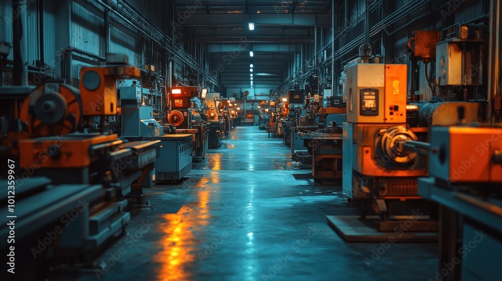 An empty factory workshop with a row of industrial machinery.