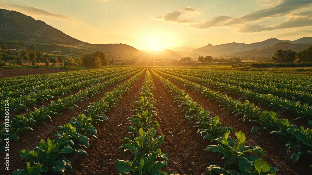 A picturesque sunset over a vast field of crops with rows of green plants reaching towards the golden horizon. A picturesque sunset over a vast field of crops with rows of green plants reaching towards the golden horizon.