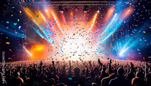 Concert crowd with colorful stage lights and confetti