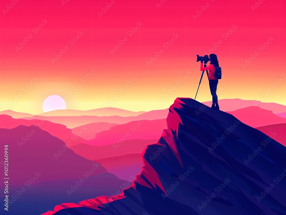 AI-Generated image of A woman is taking a picture of a sunset from a mountain top. The sky is pink and the sun is setting AI-Generated image of A woman is taking a picture of a sunset from a mountain top. The sky is pink and the sun is setting