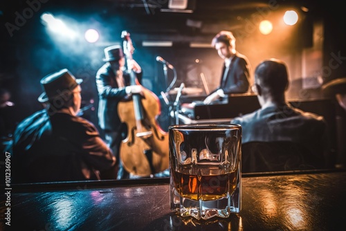 Jazz band performing on stage with whiskey glass in foreground