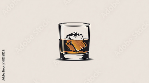 A minimalist glass of whiskey with ice cubes visible inside. Logo, vector and minimalistic drawing photo