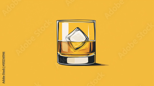 A minimalist glass of whiskey with ice cubes visible inside. Logo, vector and minimalistic drawing