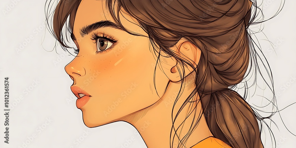 Naklejka premium Anime girl portrait illustration, woman with brown hair, cute manga character art