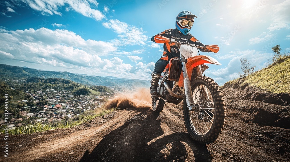 Naklejka premium Motocross Rider on Mountain Trail