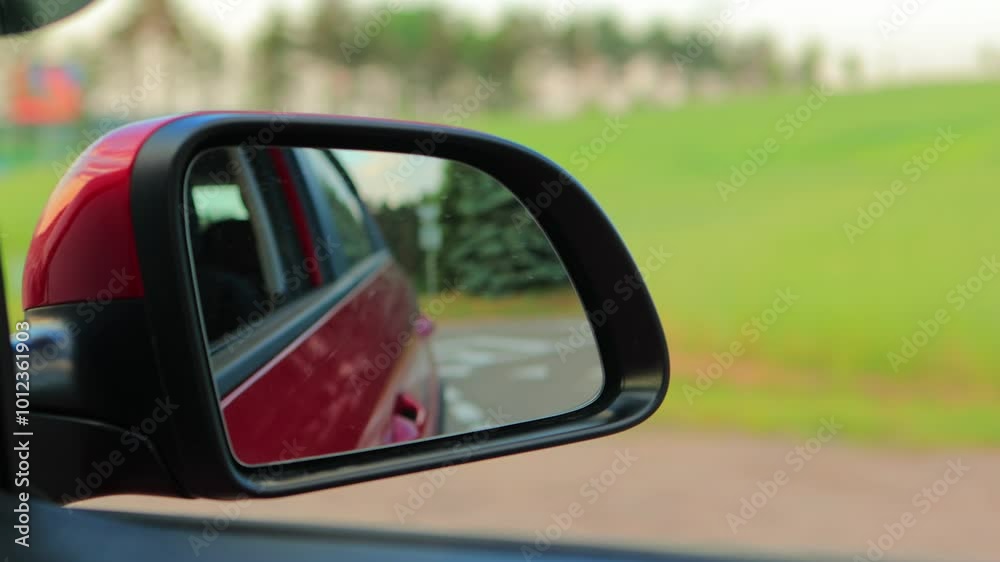 Video shooting in motion, view in the rear view side mirror of a auto, driving a red car along the road Video shooting in motion, view in the rear view side mirror of a auto, driving a red car along the road