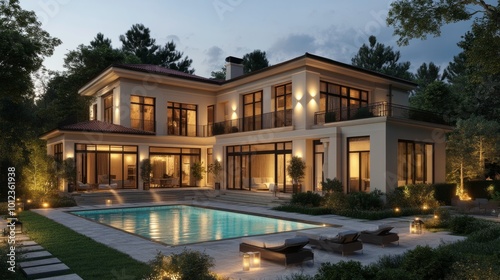 Rendered exterior of a luxury home with pool and garden generative ai