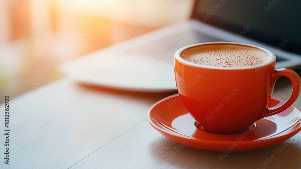 A cup of coffee on a saucer next to an open laptop, AI A cup of coffee on a saucer next to an open laptop, AI