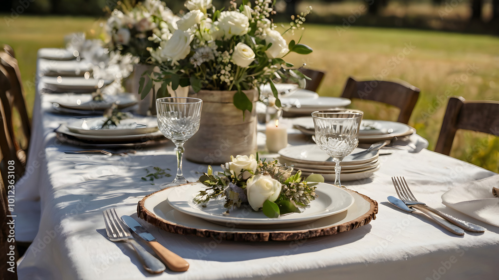 Countryside Wedding Table: Silverware, Flowers, White Plates generative ai Countryside Wedding Table: Silverware, Flowers, White Plates generative ai