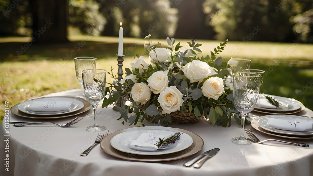 Fototapeta premium Countryside Wedding Table: Silverware, Flowers, White Plates generative ai
