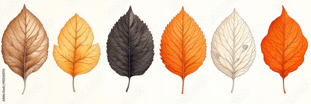 Fototapeta premium Six autumn leaves in various shades of brown, orange, and yellow.