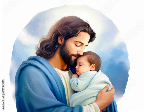 Jesus holding the baby new born in the sky, soft atmosphere, light blu, cloud in background photo