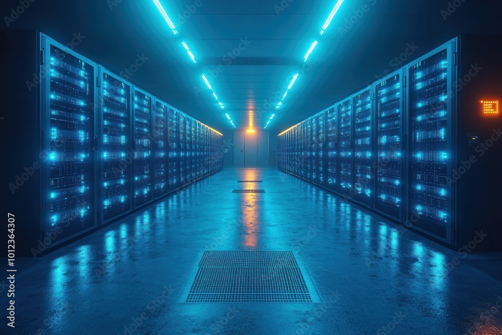 A long, dark hallway lined with rows of gleaming servers bathed in blue and orange light.