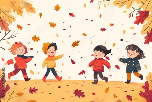 Cheerful cartoon children playing in autumn leaves