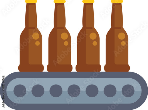 Conveyor belt transporting five beer bottles in a factory, brewery production line