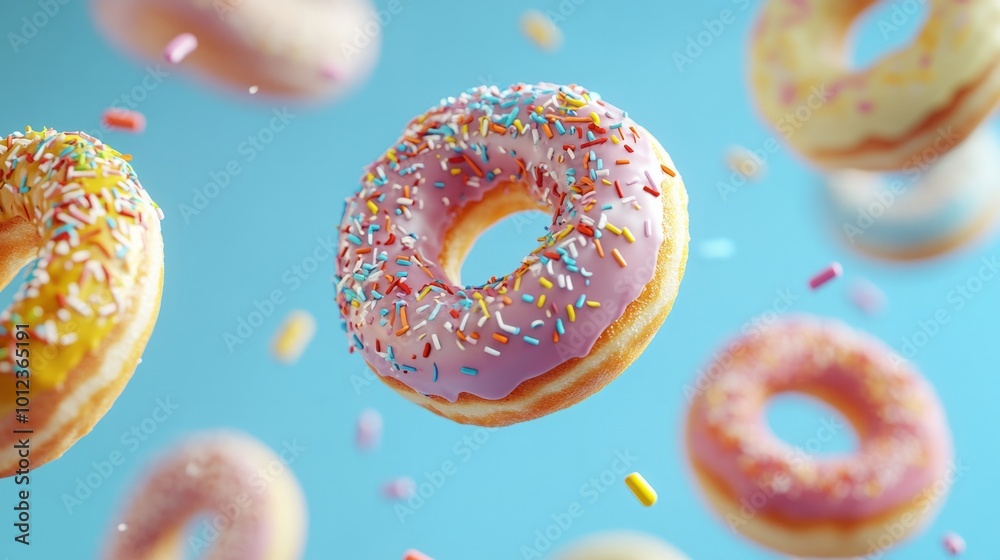 Several decorated donuts in motion falling generative ai Several decorated donuts in motion falling generative ai