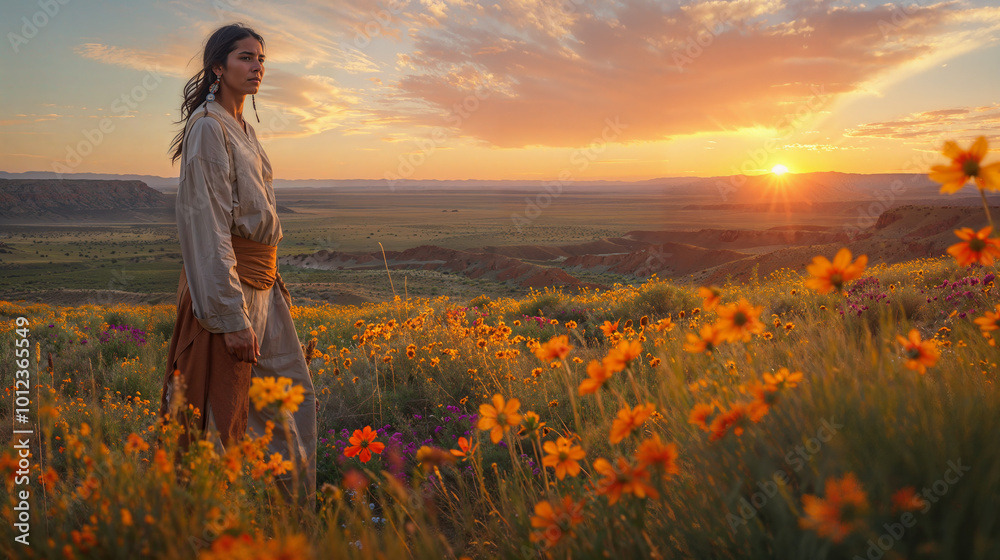 young Native American Indian woman walking in a field of flowers in the desert young Native American Indian woman walking in a field of flowers in the desert