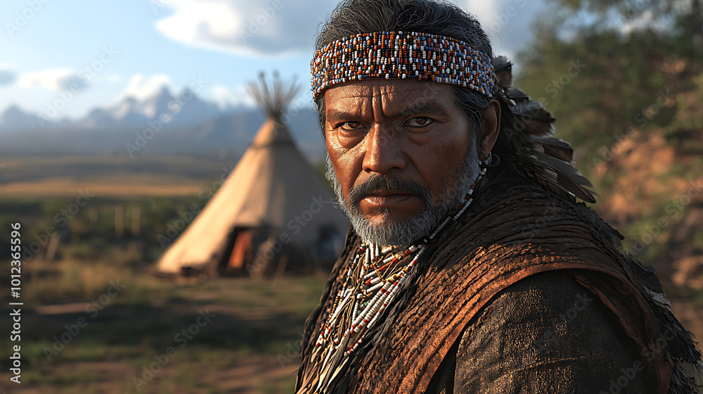 American Man in Traditional Clothing with Teepee American Man in Traditional Clothing with Teepee