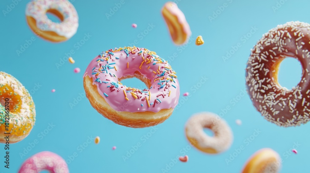 Several donuts with colorful toppings in free fall generative ai