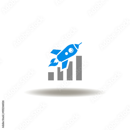Vector illustration of graph growth and spaceship. Symbol of entrepreneurship. Icon of startup venture capital.
