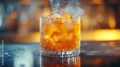 Close-up of a steaming cocktail with ice in a glass on a bar counter.