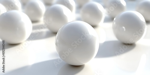 A collection of white spheres on a reflective surface.