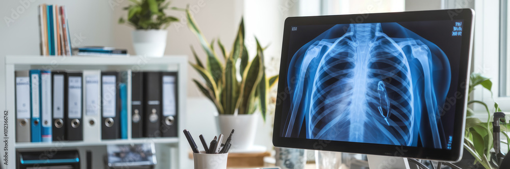 A computer monitor shows a picture of a person's chest. There are several books on the desk A computer monitor shows a picture of a person's chest. There are several books on the desk