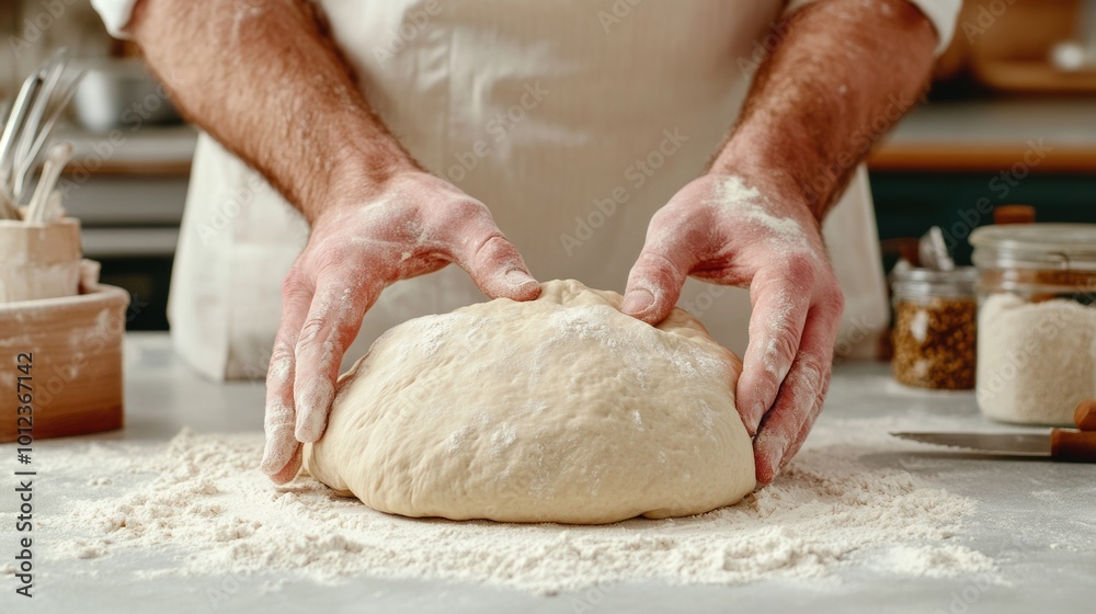A man kneading dough on a table with flour and other ingredients, AI A man kneading dough on a table with flour and other ingredients, AI