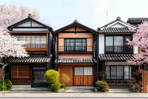 Photo of Traditional Japanese Houses with Cherry Blossoms