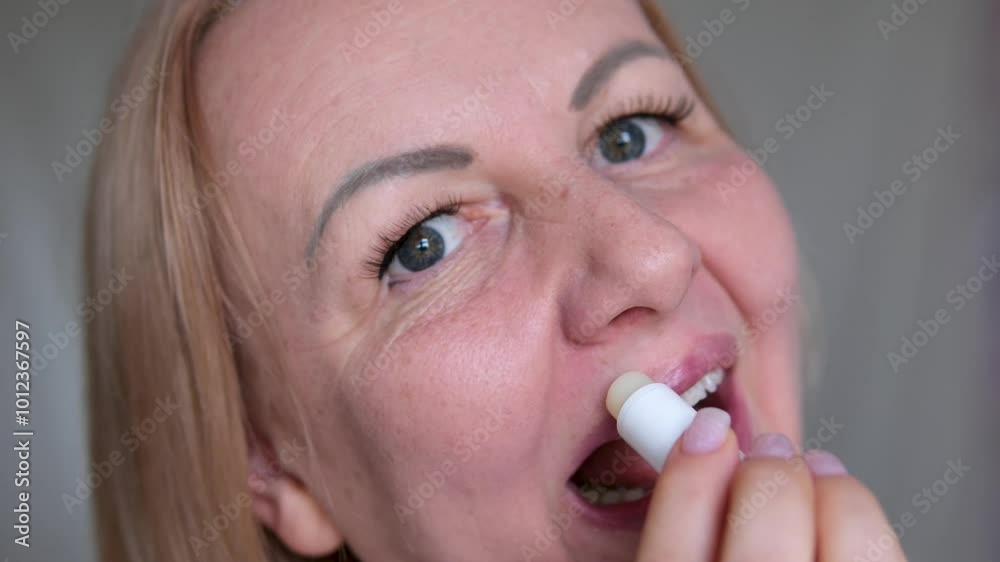 paint lips with hygienic lipstick Mature middle-aged elderly woman model makeup hygienic lipstick applying moisturizing lip balsam natural beauty face skin care anti-aging cosmetic flirty lady smiling paint lips with hygienic lipstick Mature middle-aged elderly woman model makeup hygienic lipstick applying moisturizing lip balsam natural beauty face skin care anti-aging cosmetic flirty lady smiling