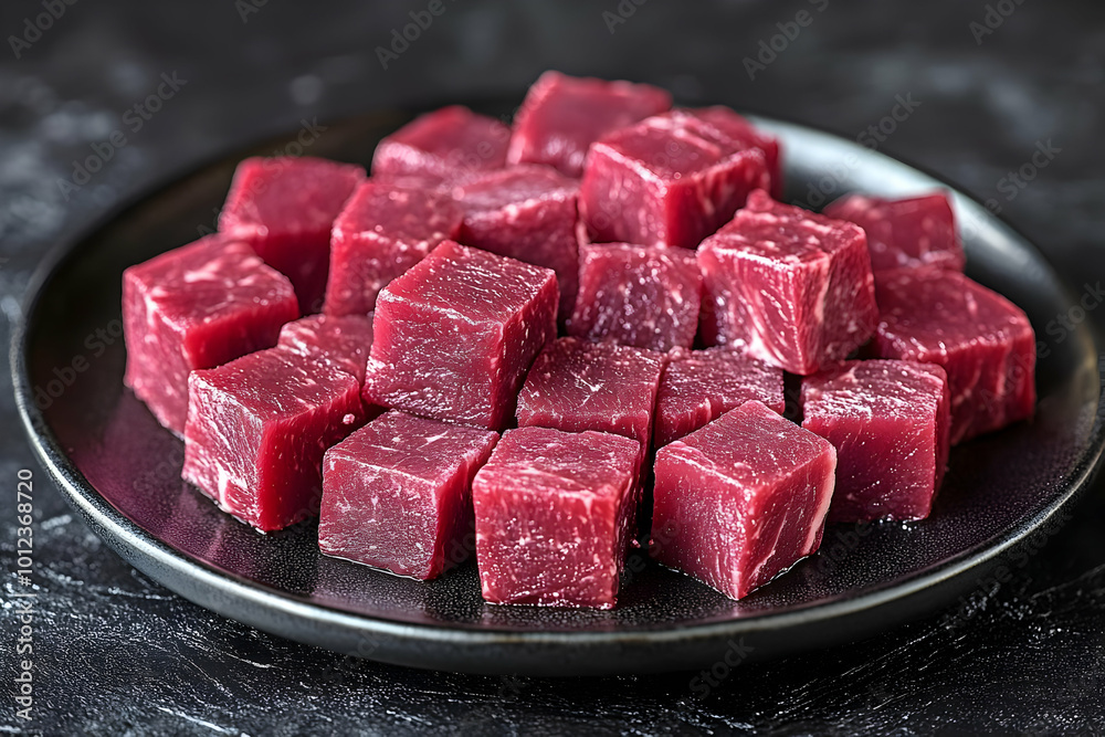 Photo Raw Beef Cubes on Black Plate Photo Raw Beef Cubes on Black Plate