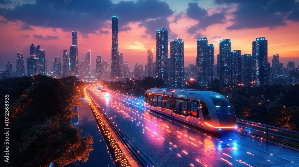Obraz premium Futuristic electric train travels through a modern city at dusk.