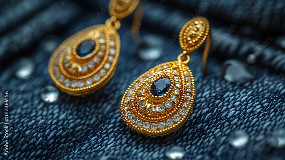 Close-up of gold earrings with blue gemstones and sparkling diamonds. Close-up of gold earrings with blue gemstones and sparkling diamonds.