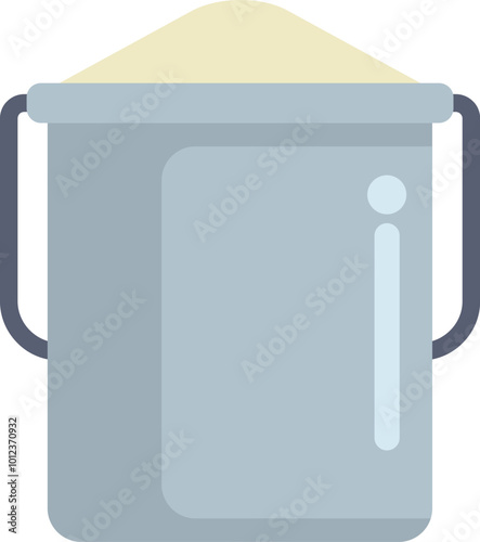 Metal bucket is standing and containing sand, ready to be used for construction works