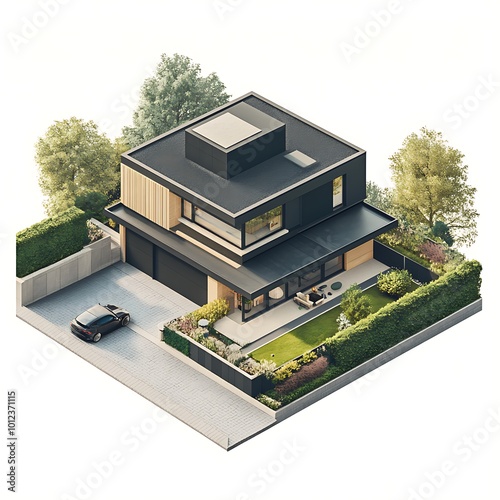 Modern black and wood house with a flat roof, driveway, garage, and a garden