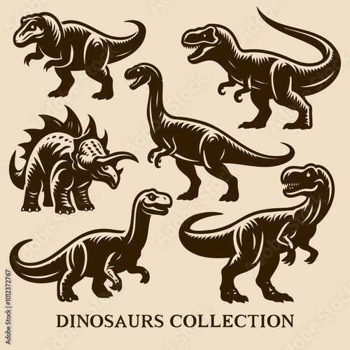 Set of Dinosaurs in Brown Color