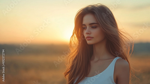 young woman with long hair stands in field at sunset, her serene expression illuminated by warm, golden light.