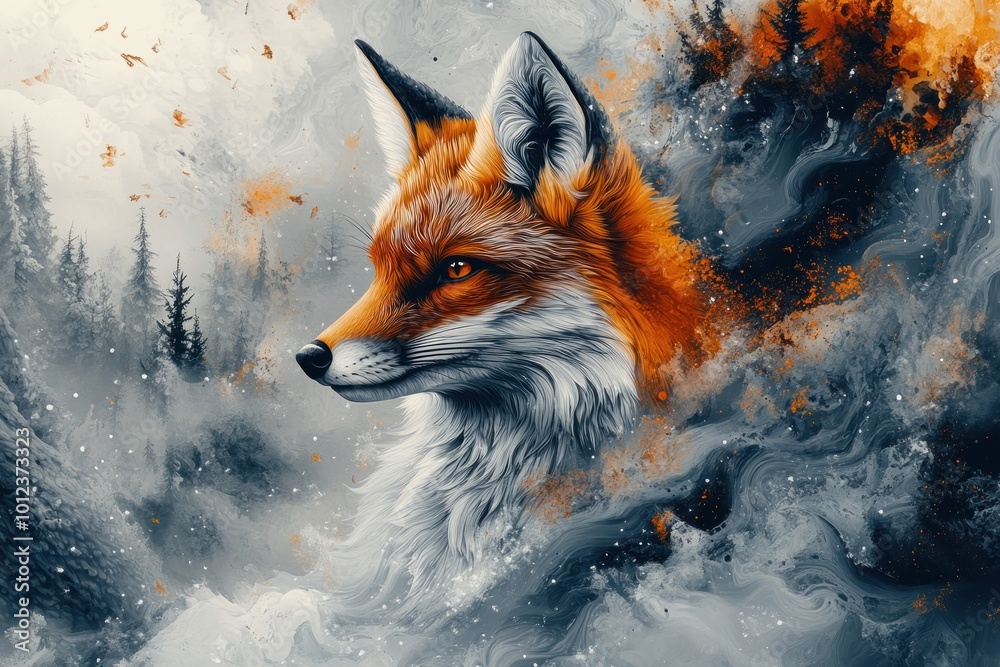 Naklejka premium A red fox with a snowy, foggy background.