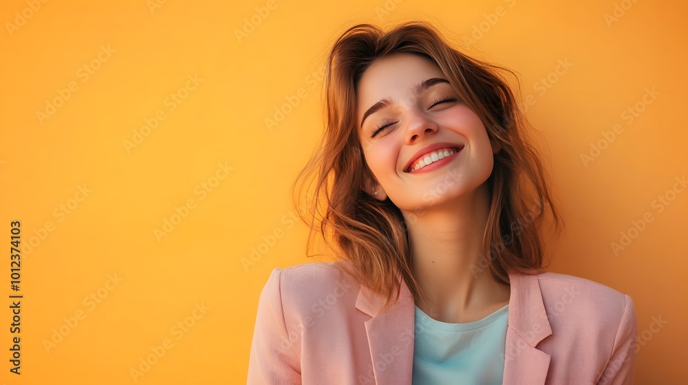 Happy Young Woman in Pink Blazer Against Yellow Background Happy Young Woman in Pink Blazer Against Yellow Background