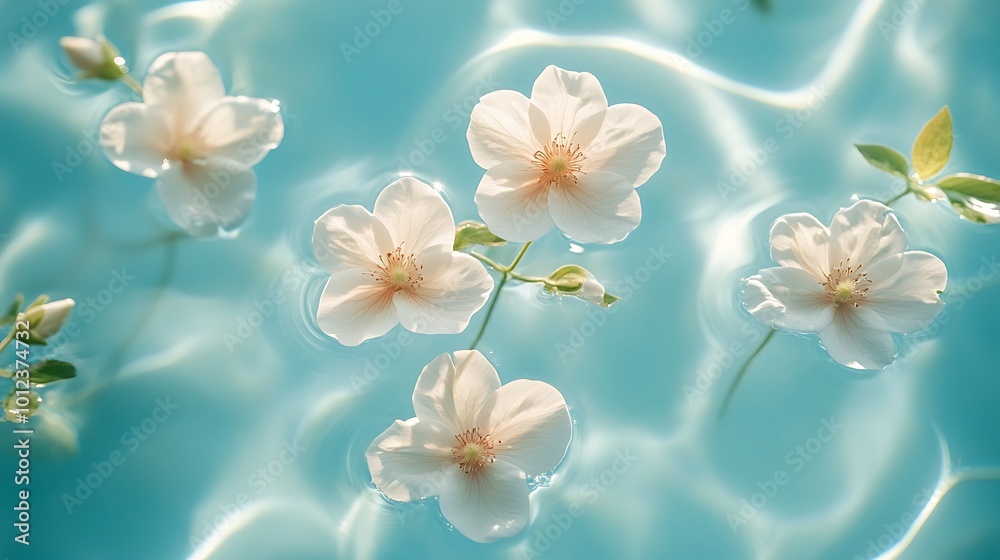 White flowers floating on blue water with ripples. White flowers floating on blue water with ripples.