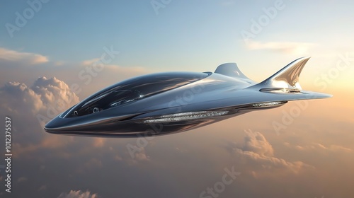 A stunning futuristic jet designed like a sleek UFO gracefully soars through the sky, showcasing advanced technology and design. The shiny metallic exterior reflects sunlight, photo