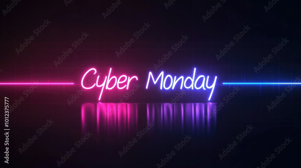 Neon cyber monday sign glows in dark room with reflections on floor - concept of online shopping deals Neon cyber monday sign glows in dark room with reflections on floor - concept of online shopping deals