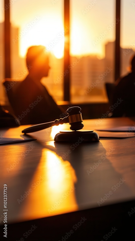 Gavel silhouette during sunset in conference room Gavel silhouette during sunset in conference room