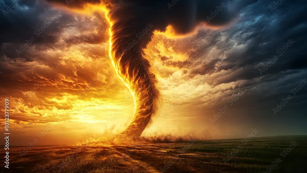 Tornado swirling in a dramatic sunset landscape, powerful nature concept