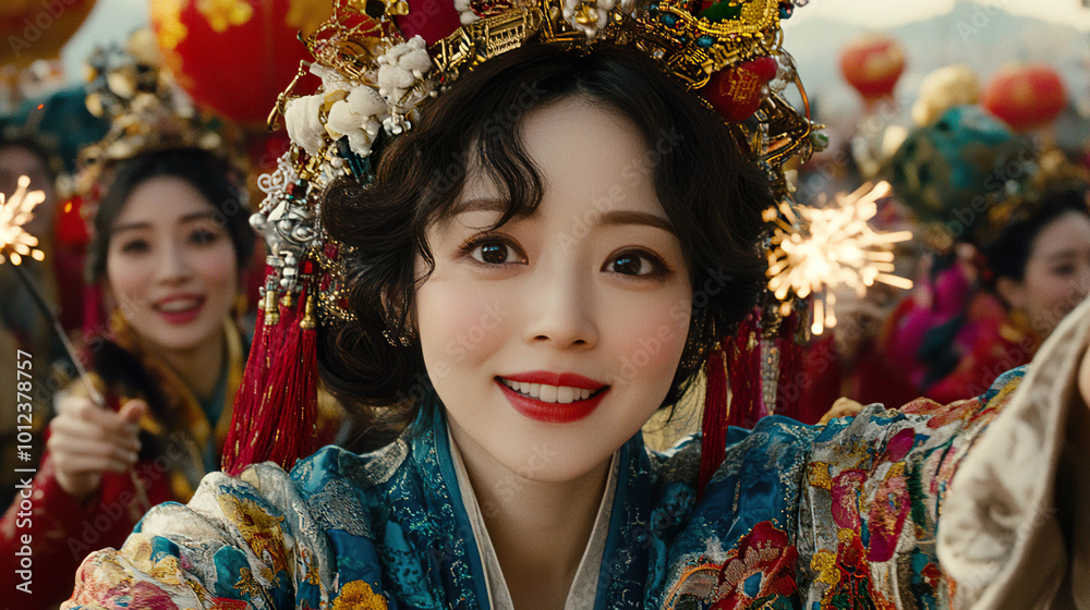 Fototapeta premium Portrait of a woman in traditional ornate attire smiling during a cultural festival. AI-generated