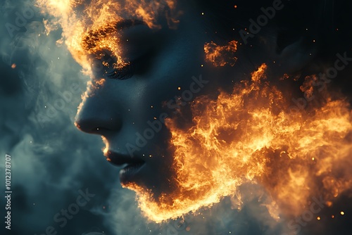 Abstract face burning in fire with smoke background, concept of passion, anger, power, energy