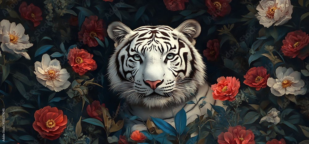 White tiger in a garden of red and white flowers. White tiger in a garden of red and white flowers.