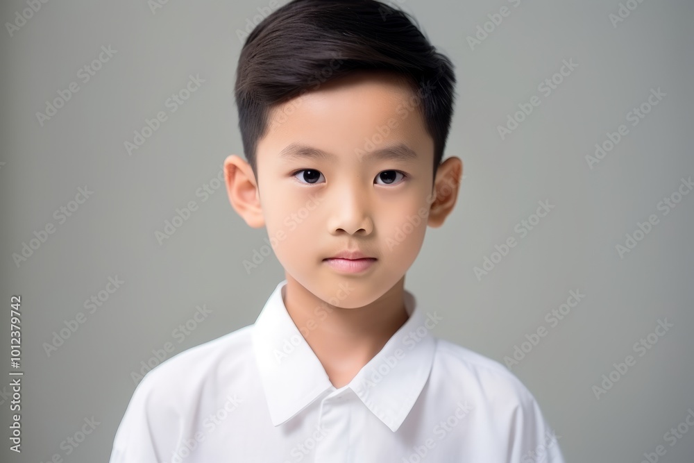 portrait of asian little boy in white shirt on grey background portrait of asian little boy in white shirt on grey background