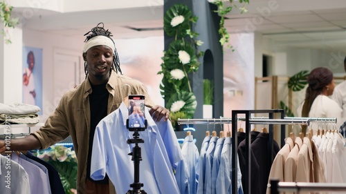Content creator filming in clothing store with elegant assortment of clothes. Influencer contracted to advertise new collection of stylish high class attire garments in premium fashion boutique